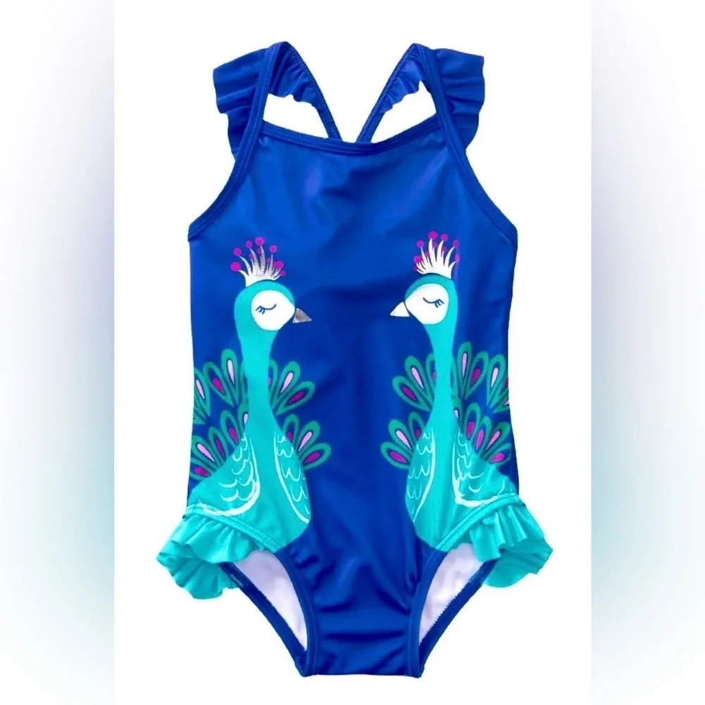 GYMBOREE - Girls One piece swimsuit blue peacock print (Size 5T)